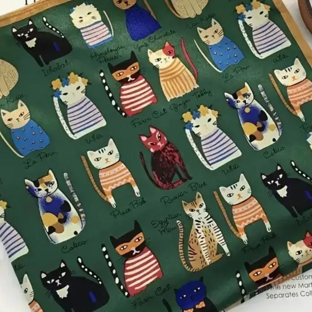 Cat Breeds Cartoon Whimsical Printed Square 27.5” Scarf, Green